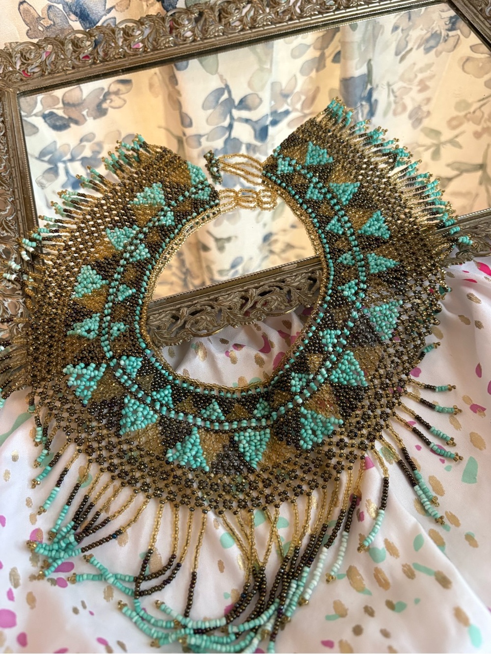 Handmade Turquoise & Gold Beaded Statement Collar Necklace